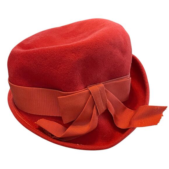 Zephyr Cloche Hat Vintage Felted Fur or Wool Women Size 6 3/4 Red Librarian Chic - Picture 1 of 10